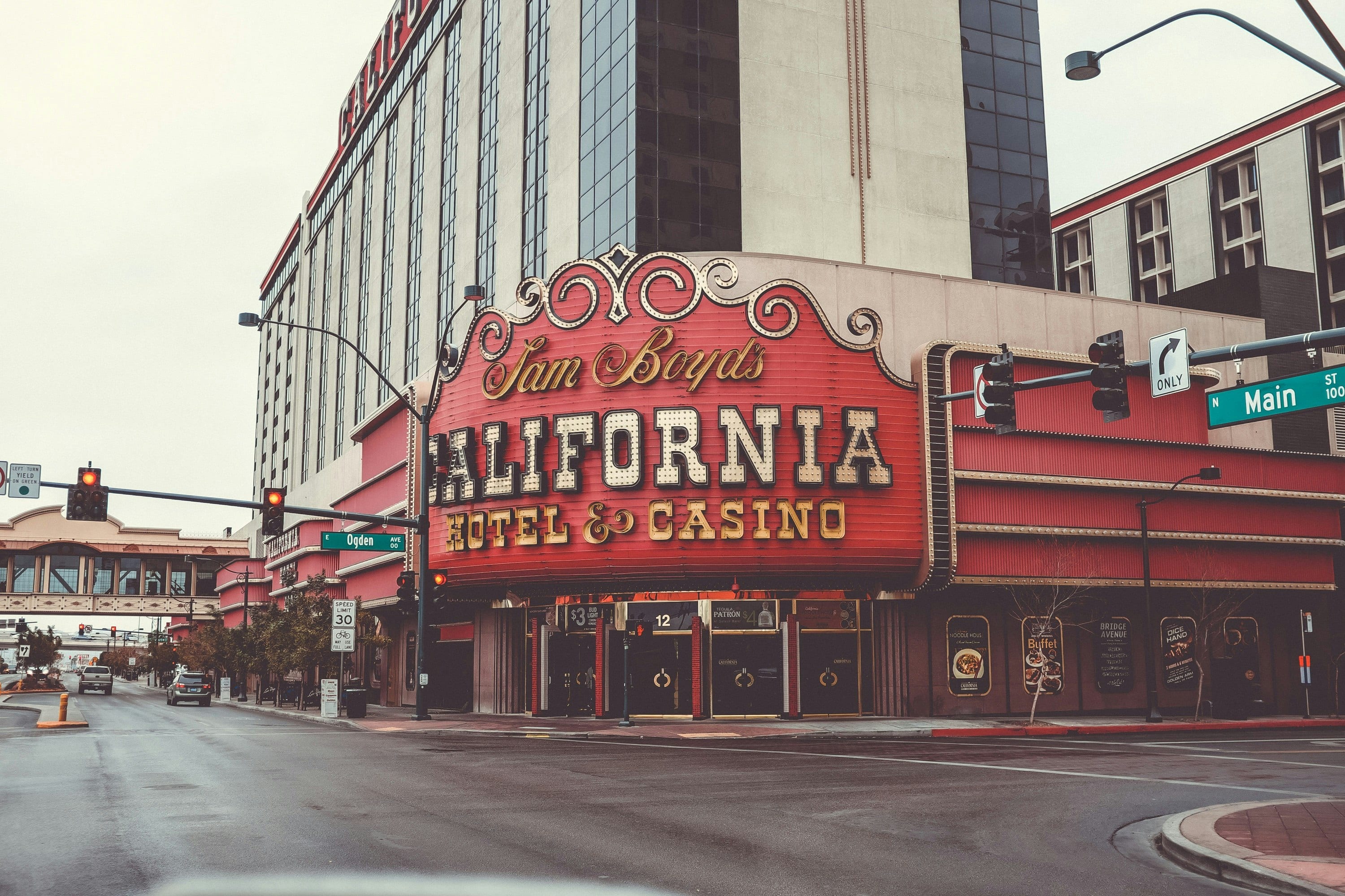 The California Hotel and Casino sign in the downtown Las Vegas grid