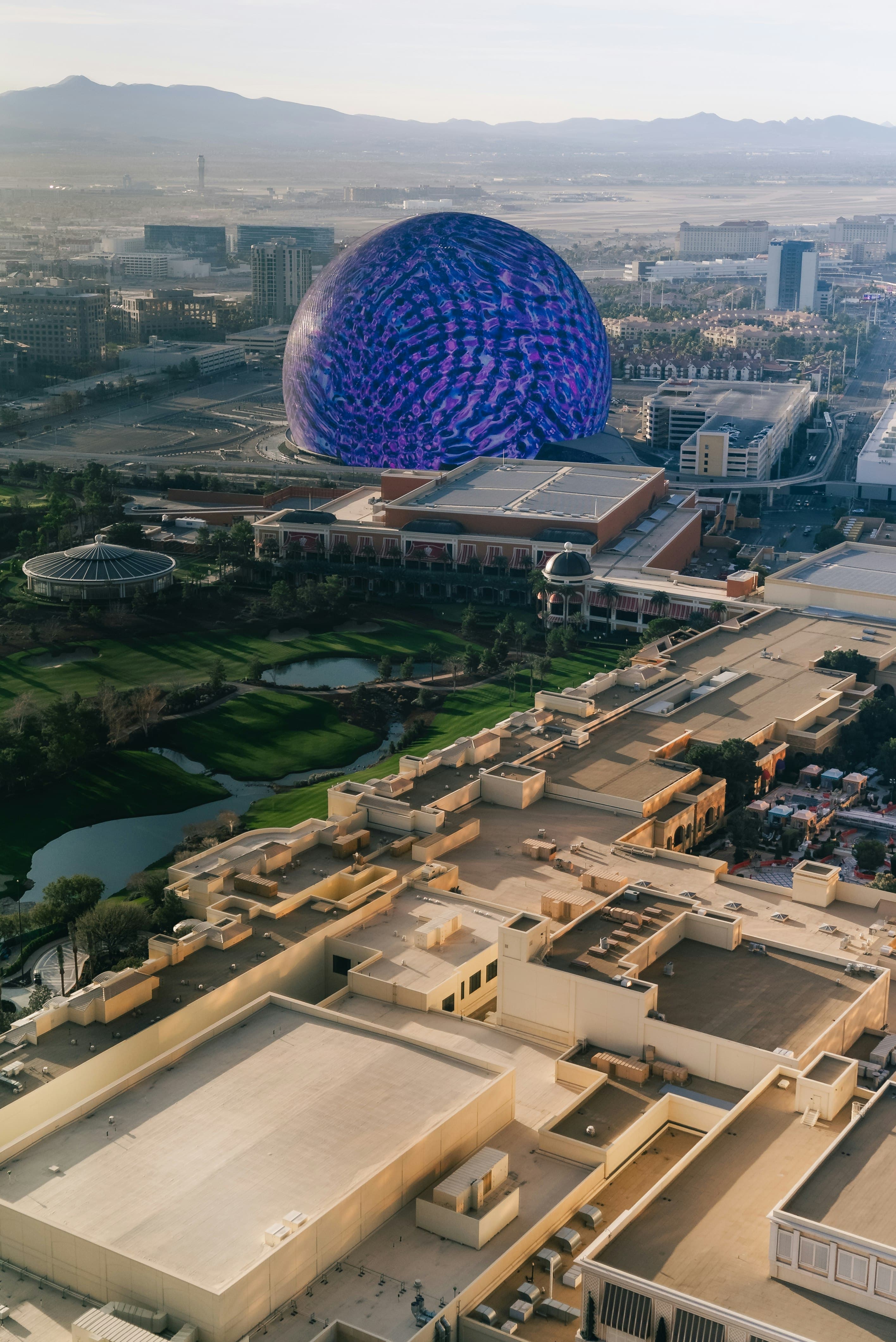 The Sphere, its patterned LED exterior lit up over the Las Vegas valley