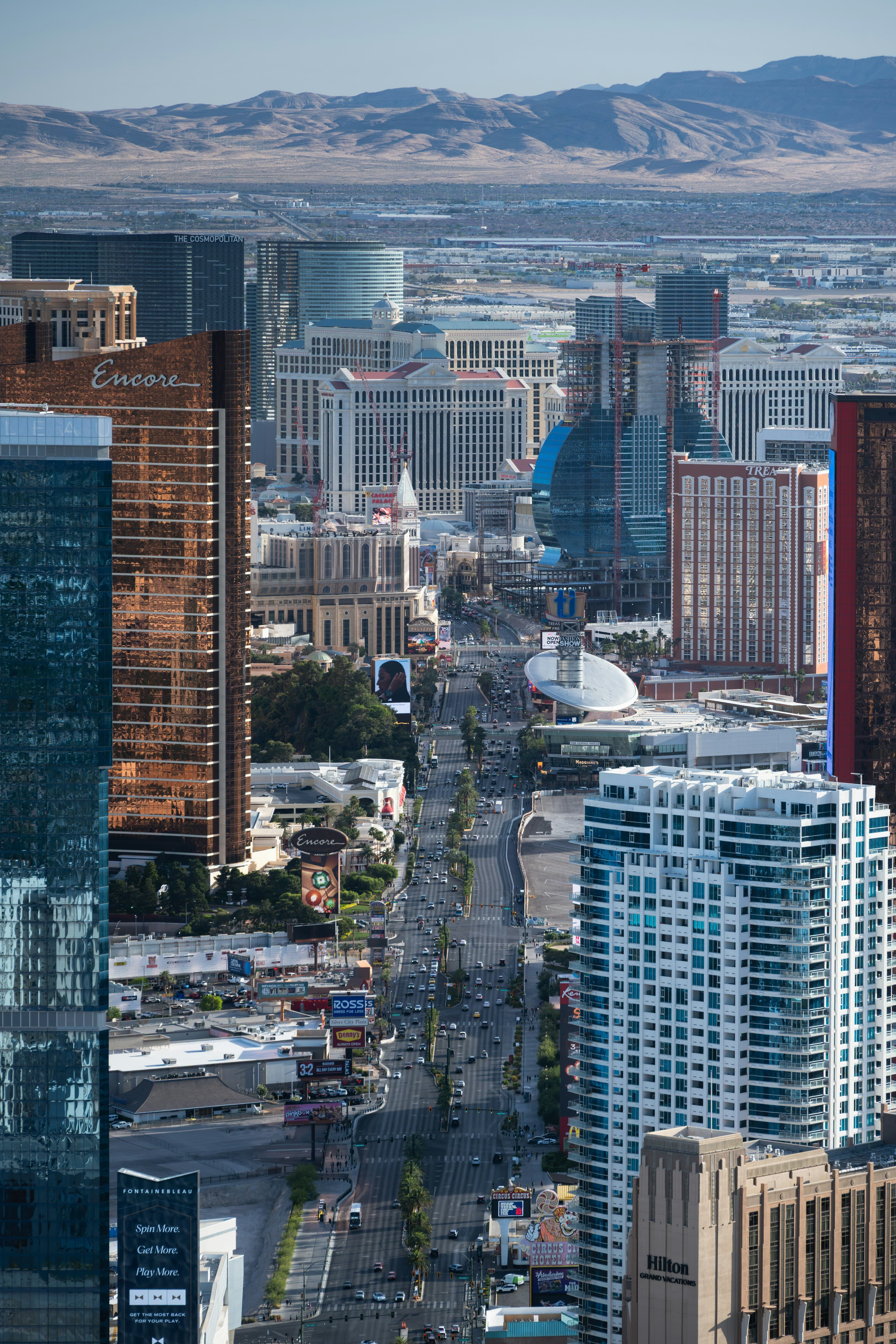 Las Vegas buildings against the dry mountains that ring the valley
