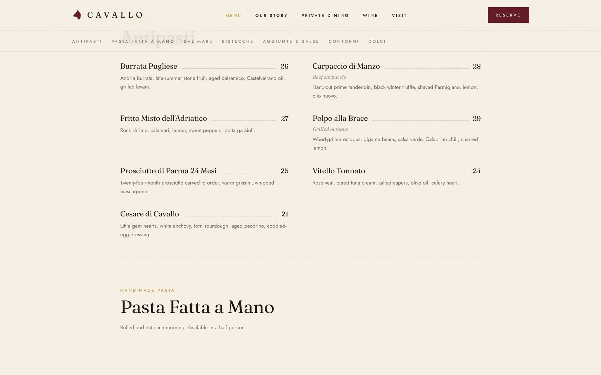 The Cavallo menu page — antipasti and hand-made pasta set in editorial serif type on an ivory ground.