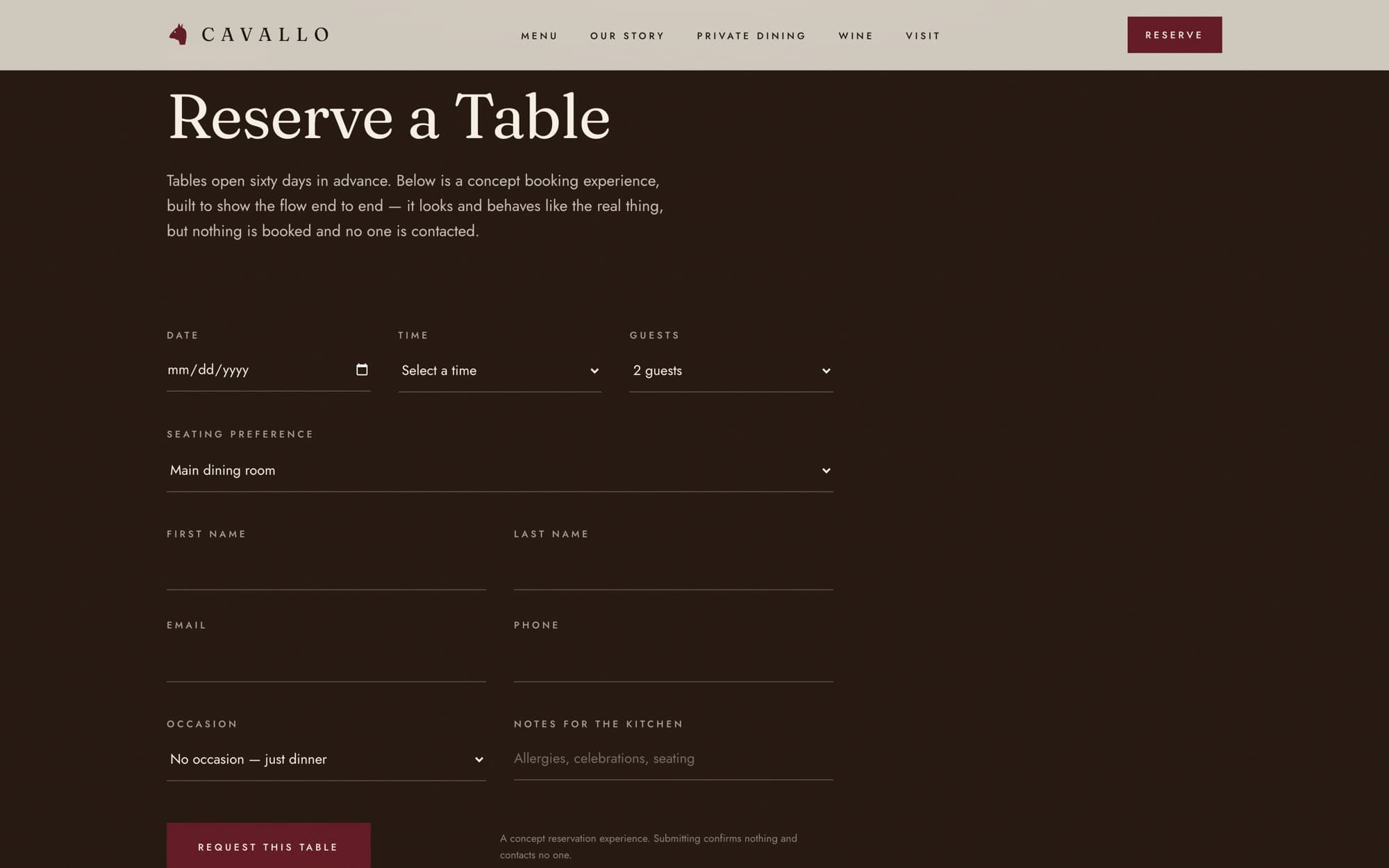 The Cavallo reservation form on a dark ground — date, time, party size and seating fields.