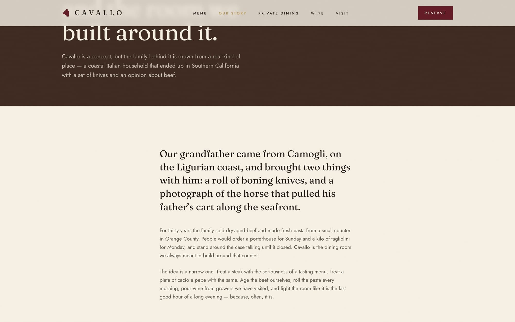 The Cavallo Our Story page — a large serif pull-quote above long-form editorial text.
