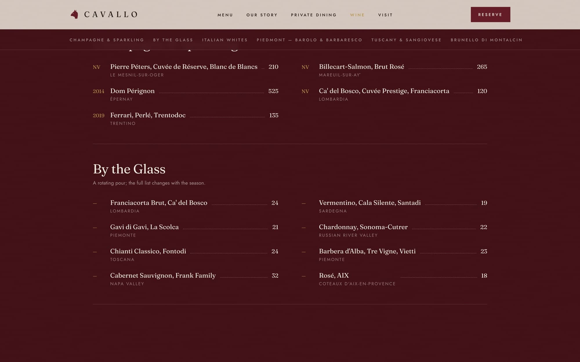 The Cavallo wine list — champagne and by-the-glass sections in white type on a deep oxblood ground.