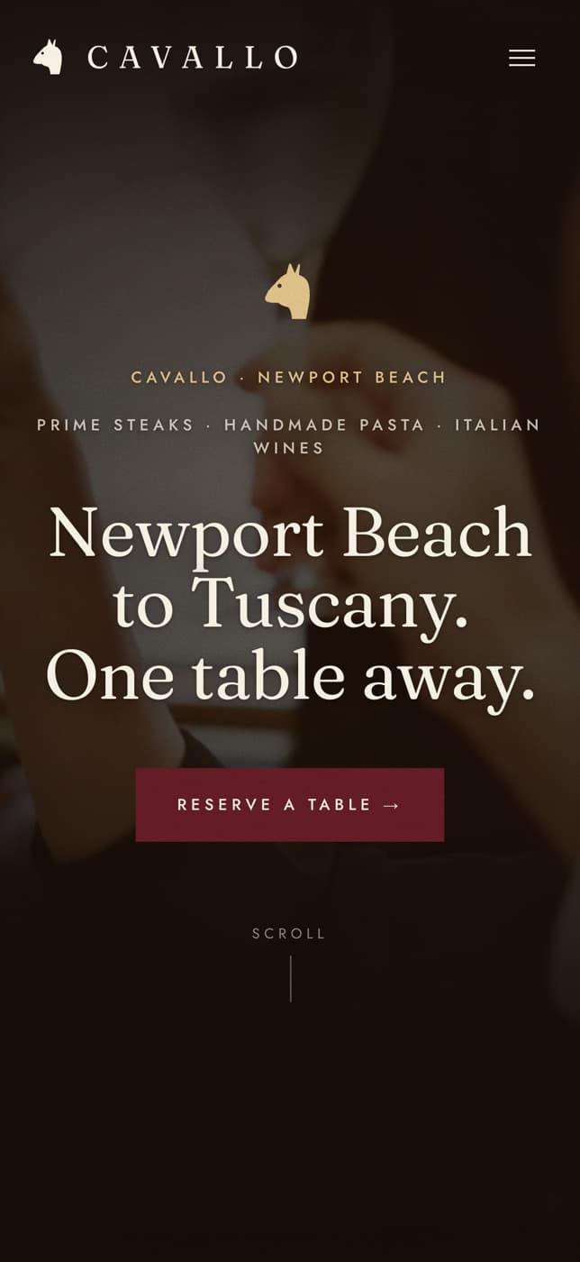 The Cavallo cinematic homepage on a phone — the headline over the hero film.