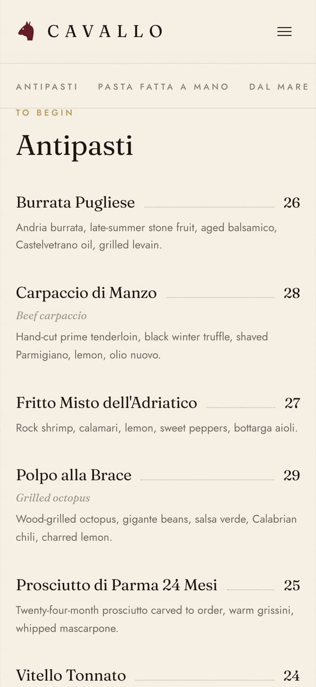 The Cavallo menu on a phone — a single editorial column.
