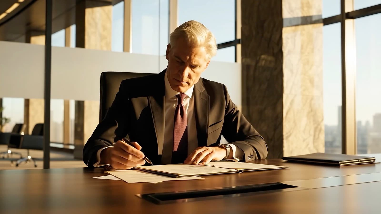 A frame from the production — the introduction of Jonathan Hale, a concept attorney character.