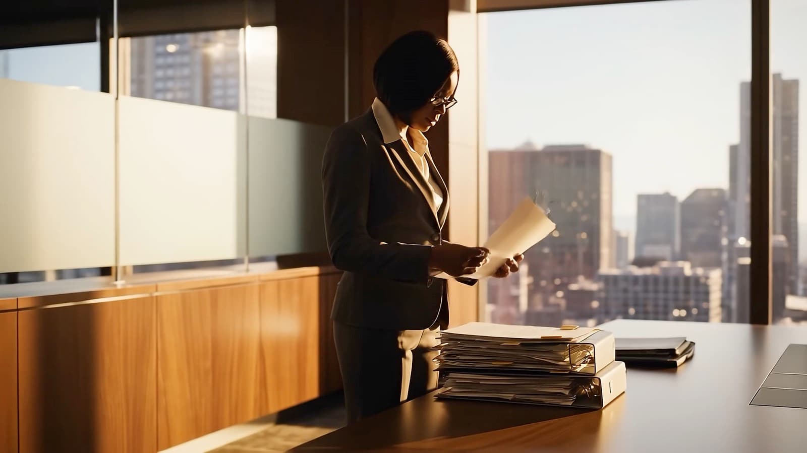 A frame from the production — the introduction of Elizabeth Mercer, a concept attorney character.