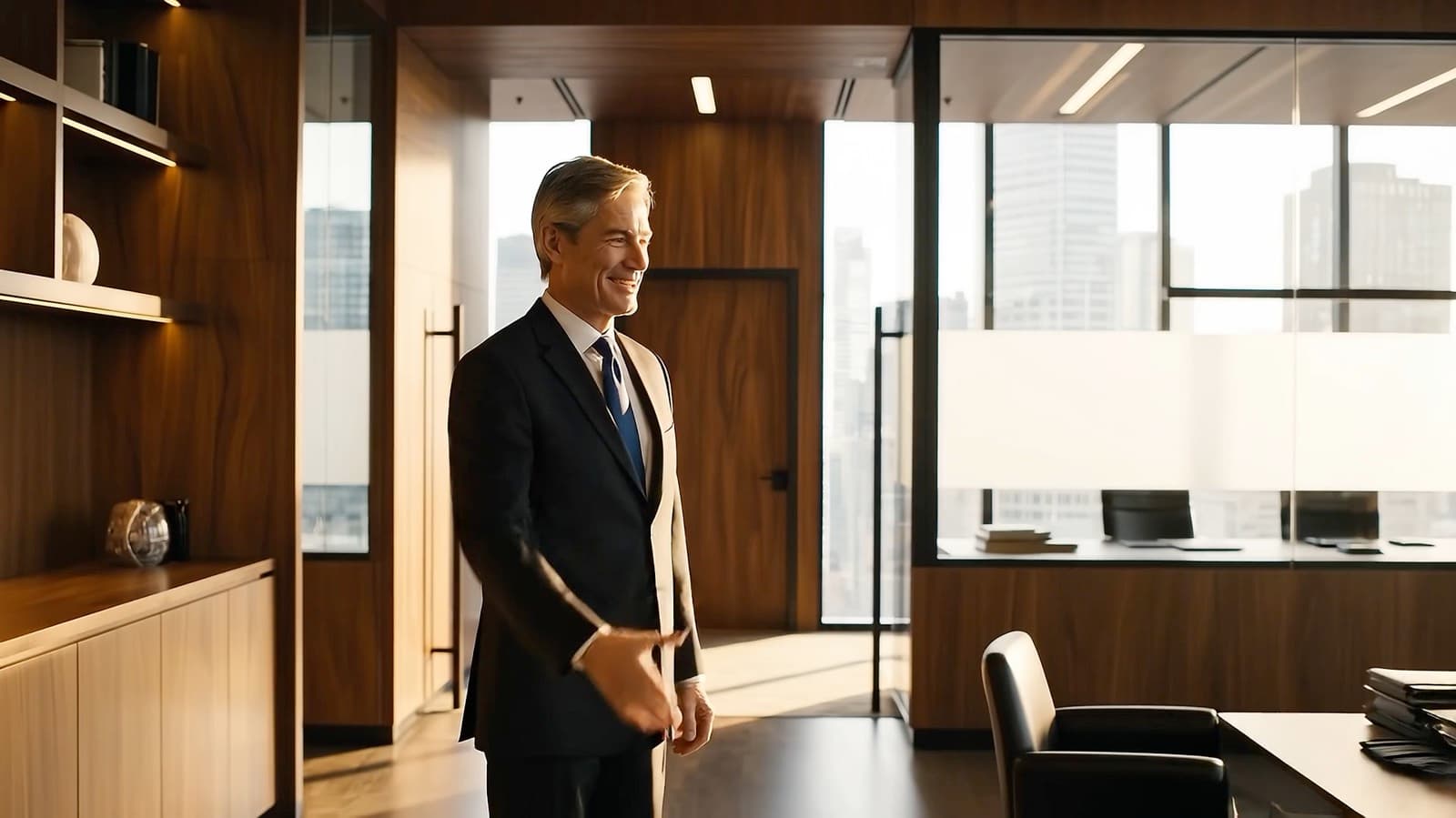 A frame from the production — a quiet consultation, someone finally being listened to.