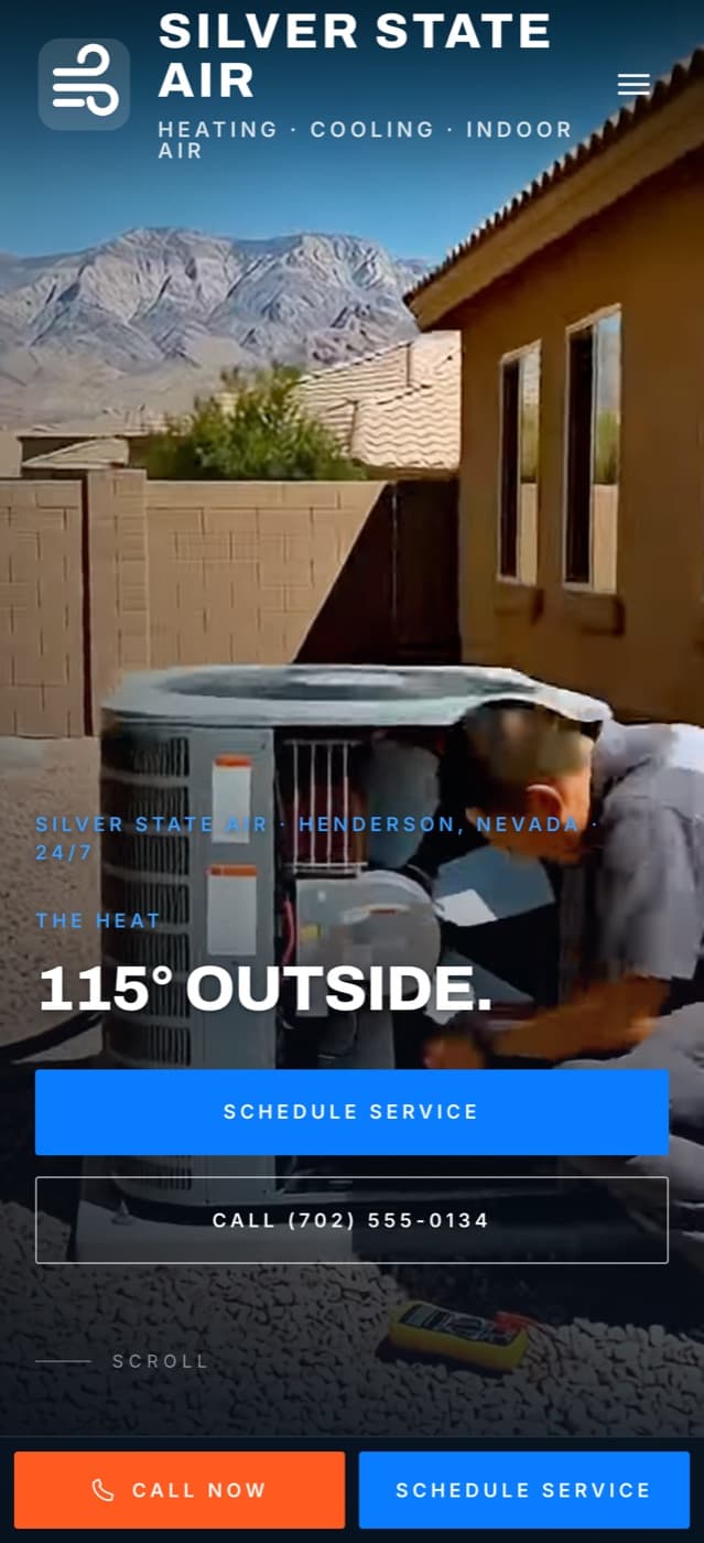The Silver State Air homepage on a phone — the hero film under 115° OUTSIDE with a persistent call bar.