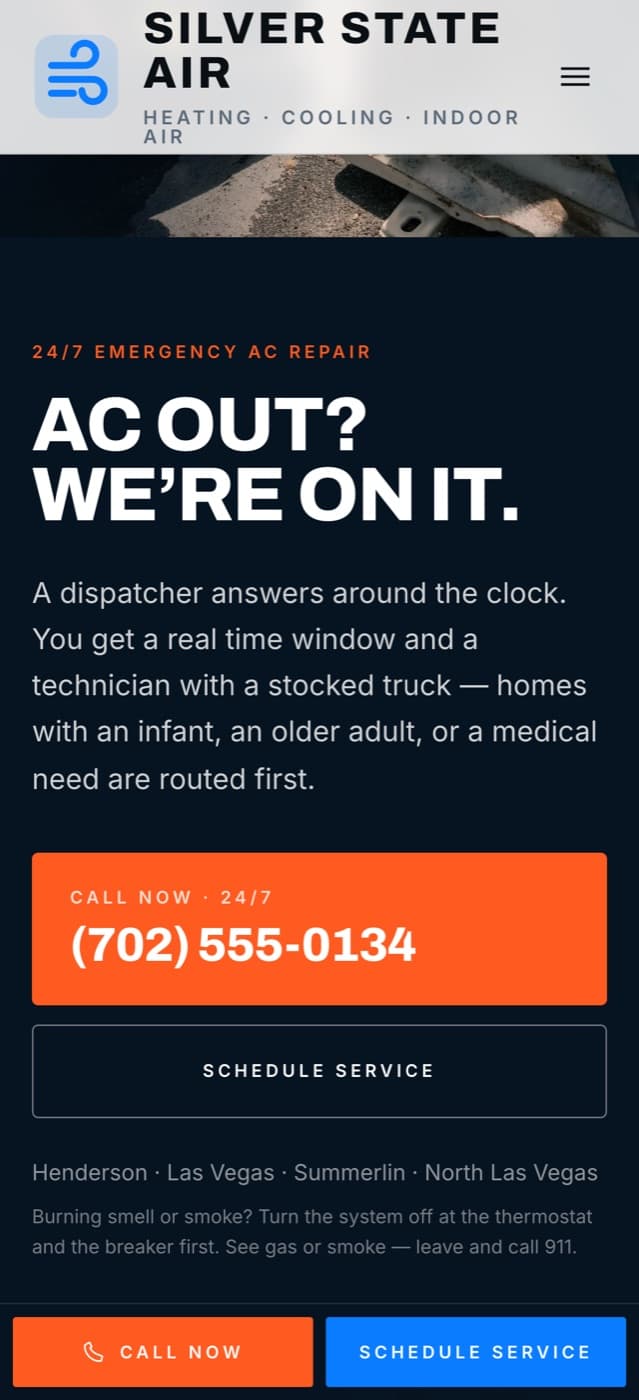 The Silver State Air problem-first grid on a phone — one symptom per tap.