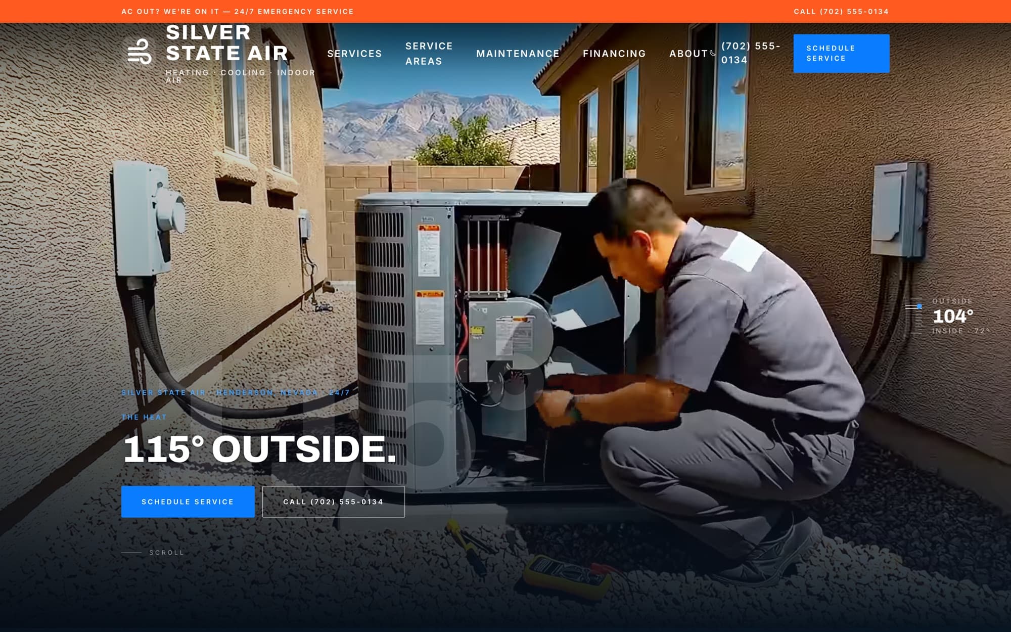 A technician at an outdoor condenser between stucco houses, mountains behind, hard desert light.